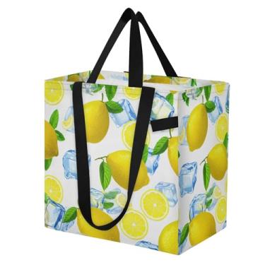 Imagem de SEHANY Sacolas de compras reutilizáveis de verão limão com alças reforçadas, bolsa de compras de lona dobrável à prova d'água de grande capacidade para viagem, cozinha, praia