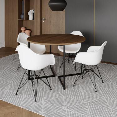 Imagem de Mesa Industrial Jantar Redonda 110Cm Amêndoa Base V Com 4 Poltronas Brancas Ferro Preto Amendoa