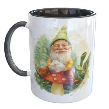 Imagem de Caneca Porcelana Gnomo Mágico e Cogumelo - Pense Canecas, Preto