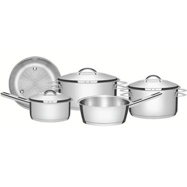 Imagem de Jogo de Panelas Tramontina Solar Inox Fundo Triplo 5pçs Caçarolas Panela Frigideira Cozi-Vapore