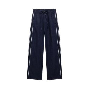 Imagem de Conjunto Feminino De Calça Jeans E Jaqueta Com Gola Alta E Listras Lat