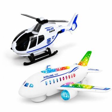 Imagem de Kit Helicóptero e Avião de Brinquedo Infantil Bate e Volta Luzes e Son