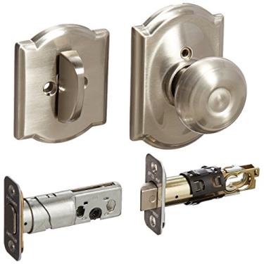 Imagem de Schlage Lock Company F59GEO619CAM Pacote interno de maçanetas georgiano de níquel acetinado com fechadura de cilindro único e rosa camelot decorativa (apenas metade interior)