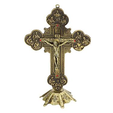 Imagem de Crucifixo em pé, estilo vintage de metal Jesus pregado crucifixo cruz de parede com base estável de bronze, decoração de mesa de metal decorativa vermelha embutida para presente católico, lareira, tampo de mesa