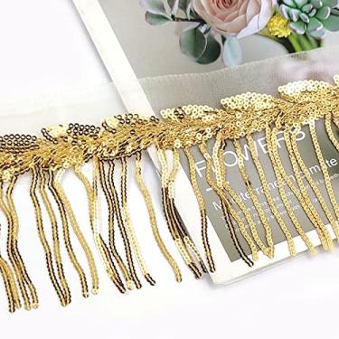 Imagem de 2/4 jardas 10 cm Paillette Lantejoulas Borla Renda Trim Tecido de Malha DIY Performance Saia Vestido de Noiva Decoração Material de Costura, Dourado, 2 jardas