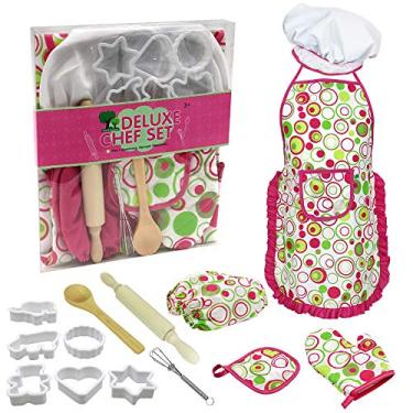 Imagem de Tingpai Crianças Cozinhando e Assando Conjunto 15 PCS com Chapéu de Chef Avental Luva de Forno Utensílios de Cozinha Utensílios de Cozinha Inf l Chef Papel Playset Presente Educacional pa Meninas (Ro