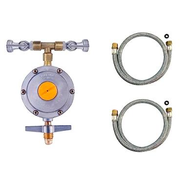 Imagem de Regulador De Gás Saída Dupla 2 Registros Com Rosca 1/2 Para Botijão 5 a13kg Uso Em Forno E Cooktop c/ 2 Mangueira 1,2 Mt