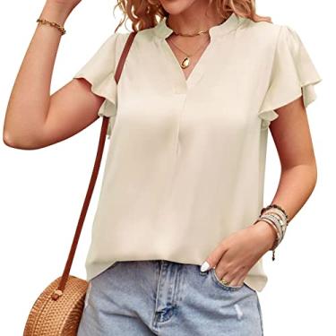 Imagem de Blusa feminina casual de manga curta, camiseta com gola em V para o verão, lisa, com babados, manga de trabalho, bege, P (busto: 97 cm)