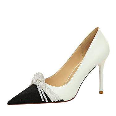 Imagem de Sapatos femininos pontiagudos 9,5 cm stiletto bico fechado clássico slip on vestido salto alto moda escritório sapatos femininos, Branco, 7.5