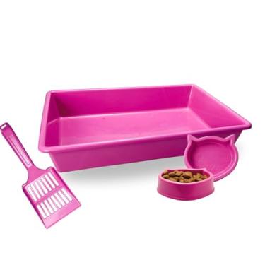 Imagem de Caixa de Areia Para Gatos Bandeja Sanitária Kit Completo Comedor Bebedor Pá Coletora Higiênica (Rosa)