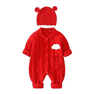 Imagem de Macacão infantil de malha de algodão de manga comprida para meninos e meninas roupas de bebê macacão de urso chapéu de orelha, Vermelho, 9-12 Months
