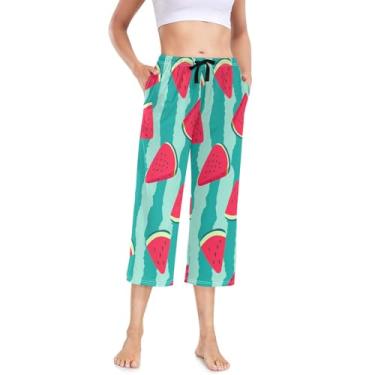 Imagem de KLL Calça de pijama feminina fina confortável capri pijama pijama adolescente rosa vermelho melancias frutas, Rosa vermelho melancia fruta, M
