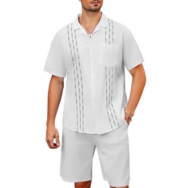 Imagem de YALLET Conjunto de camisa masculina de manga curta, 2 peças de linho, casual, abotoado, roupa de praia havaiana para férias de verão, Branco A, GG