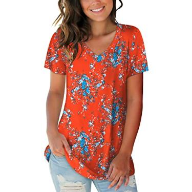 Imagem de SAMPEEL Camisetas femininas básicas de verão com gola V e manga curta, F06-Floral vermelho, P