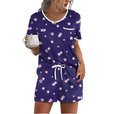Imagem de Ekouaer Conjunto de pijama feminino, 2 peças, conjunto de pijama macio, bolso no peito, Estrela-roxo, P