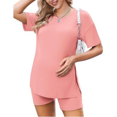 Imagem de Ekouaer Pijamas femininos para gestantes 2 peças roupas de manga curta camisas e shorts loungewear gravidez roupas de mamãe, Laranja, rosa, Small