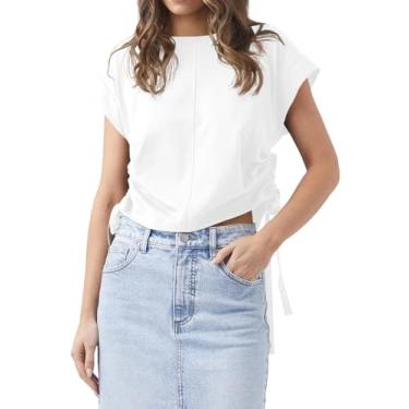 Imagem de Tankaneo Camisetas femininas casuais de verão de manga curta franzidas laterais folgadas, Branco, M