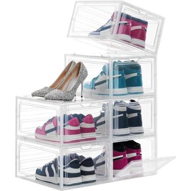 Imagem de Kit 6 Caixas de armazenamento de sapatos SHARK BLUE transparente, empilhável, de plástico rígido, organizador de sapatos, dobrável, suportes para exibição de tênis, para entrada de armário
