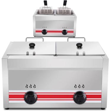 Imagem de Tanque duplo comercial - 10L/30L Fritadeira a gás multifuncional de grande capacidade com cesta Fritadeira a gás de cilindro duplo de aço inoxidável para restaurante para cozinha doméstica,