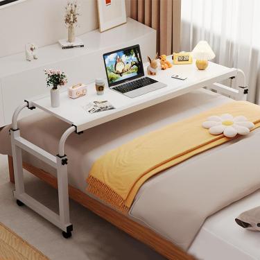 Imagem de Mesa sobreposta com rodas, mesa sobreposta para laptop, mesa móvel ajustável em altura e comprimento, mesa para computador, mesa sobrecama móvel queen size, mesa de jantar espaçosa, branca,