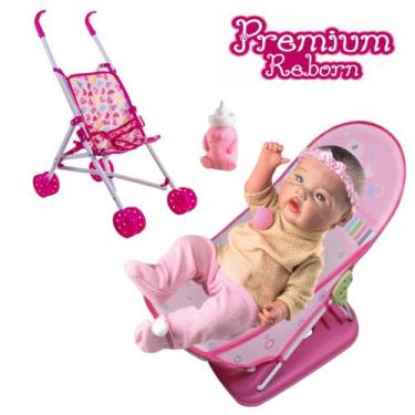 Imagem de Kit Boneca Reborn Menina Realista + Banheira Rosa e Carrinho - Milk Br