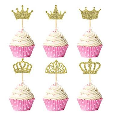 Imagem de 36 peças de topo de cupcake com coroa de glitter, 6 estilos de decorações de bolo de princesa douradas para chá de bebê, revelação de gênero, suprimentos de festa de aniversário