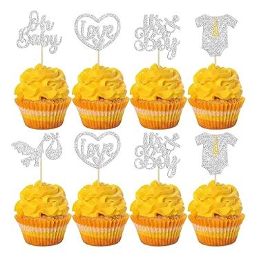 Imagem de Gyufise 30Pcs Baby Shower Oh Baby Cupcake Toppers It's a Boy Cupcake Picks Glitter Tie Onesie Love Heart Cake Picks Decorations for Gender Reveal Baby Shower Boys Birthday Party Supplies Silver