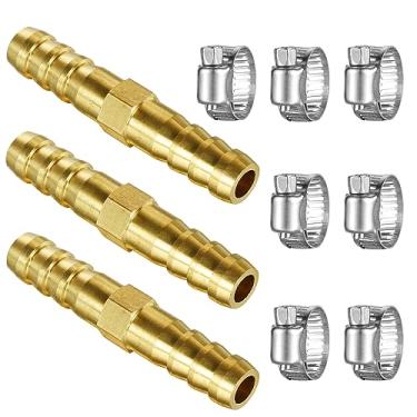 Imagem de YuanTenhwy Metal Splicer Mender, 3 peças 3/8" (10 mm) acessórios de mangueira de latão, com 6 peças de grampos de aço inoxidável, kit de reparo de mangueira, duas vias (reto)