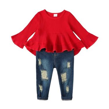 Imagem de Conjunto de roupas para meninas e meninas, jeans com babados, camisa jeans e calça jeans para meninas, outono e inverno, Vermelho canelado, 3-4 Anos