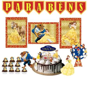 Imagem de Kit Festa Decoração Aniversário Bela e a Fera infantil com pulseira - 