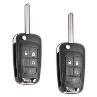 Imagem de 2 chaves de substituição KeylessOption para 2010 2011 2012 2013 2014 2015 2016 2017 2018 2019 GMC Terrian Buick Encore Chevrolet Impala Sonic Remote, 4 botões OHT01060512, guia de programação incluído