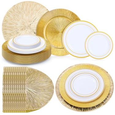 Imagem de Kritkin Conjunto de 48 peças de louça de plástico dourado, conjunto de pratos descartáveis de festa, 12 pratos de jantar, 12 pratos de sobremesa, 12 pratos carregadores, 12 jogos americanos para