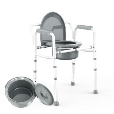 Imagem de ZOLIQUEX Cômoda de cabeceira 3 em 1 com braços 158 kg, altura ajustável de vaso sanitário de aço, vaso sanitário para adultos, cadeira de cômoda, balde de 6 litros com tampa incluída, fácil limpeza,