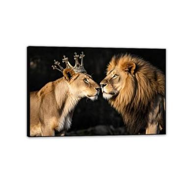 Imagem de Conjunto de arte de parede em tela leão e leoa preto e branco com coroa dourada rei imagem de animal arte para quarto decoração de casa 75 x 50 cm (30 x 20 pol) moldura preta