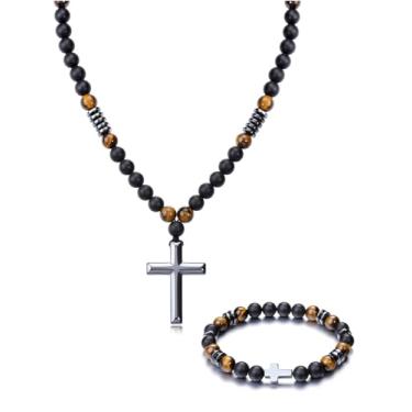 Imagem de Jovivi Colar de contas de hematita ônix preto de 8 mm e olho de tigre com conjunto de pulseiras cruzadas, proteção tripla, joia religiosa para alívio da ansiedade, Pedra, Sem Pedra Preciosa