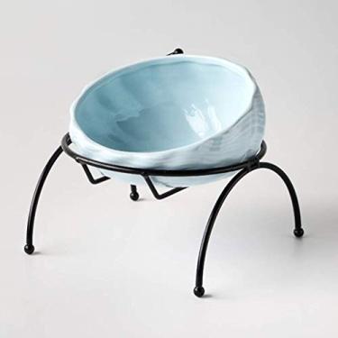 Imagem de Tigela de cerâmica para cães e gatos para animais de estimação, tigelas de comida melhoradas com suporte antiderrapante levantado de metal, seguro para lava-louças e micro-ondas, branco (azul)