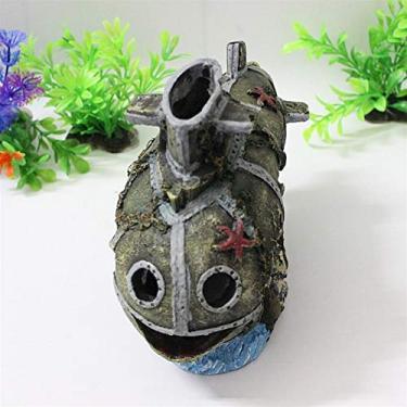 Imagem de FKJLUN Ornamento de tanque de peixes paisagem navio afundado ornamento de aquário naufrágio submarino submerso aquário paisagem caverna decoração decorações de aquário (cor: cinza)