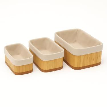 Imagem de Cesto Organizador de Bambu com Forro Removível – Conjunto com 3 Tamanhos P, M e G - Multiuso, Bonito e Elegante. Ideal para Banheiro, Cozinha, Quarto e Armário (Cor Natural)