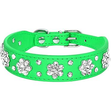 Imagem de Serijoars Coleira de cachorro com strass, linda flor de strass, coleira de couro PU com brilho, tamanhos ajustáveis, PP, P, média (M, verde)