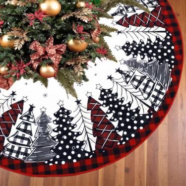Imagem de LEAFWHIS Saia de árvore de Natal xadrez vermelha de 91 cm – Árvores de Natal xadrez de búfalo preto e vermelho com flocos de neve, saia de árvore de Natal para decoração festiva