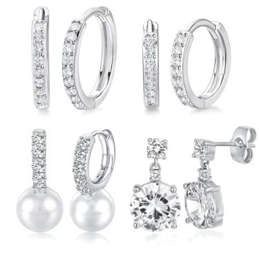 Imagem de MDFUN Conjunto de brincos de zircônia cúbica banhados a ouro branco 14K Hoops Huggie para mulheres, pacote com 2/5 pares, Latão, Zircônia cúbica