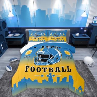 Imagem de Erosebridal Jogo de cama casal de futebol americano, futebol, cidade, esporte, rúgbi, competitivo, jogos de bola, azul, amarelo, gradiente, edredom para crianças, adolescentes e adultos (Los Angeles)