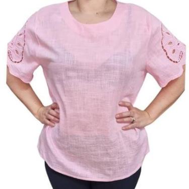 Imagem de Blusa Feminina Manga Curta Bordada Rosa Plus Size-Feminino