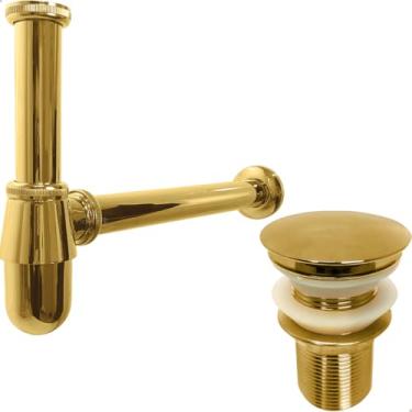 Imagem de Dona D Cor, Sifao Copo Dourado 1 1/4 Pol Metal E Valvula Click Ralo Pia Banheiro Cuba Esculpida Pia Suspensa