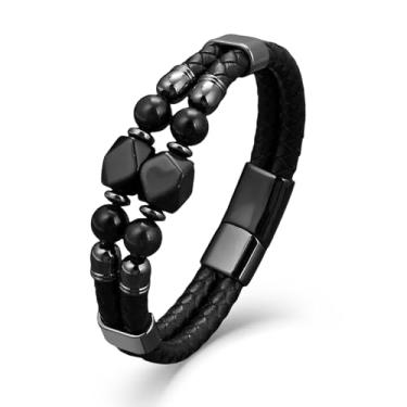 Imagem de EJARY Pulseira masculina de couro, turquesa/olho de tigre/lápis/ônix preto com contas de pedra de cura para homens, 8,27 polegadas/21 cm, Couro, Sem Pedra Preciosa