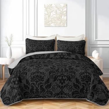 Imagem de Axolotl Conjunto de colcha preta damasco tamanho Queen, colcha gótica escura para mulheres e adultos, colcha de cama floral elegante boho para homens, capa de cama barroca vitoriana antiga, conjunto