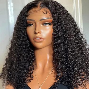 Imagem de Peruca Mogolian Kinky Curly lace frontal de cabelo humano pré-arrancado, 33 x 4 cm, perucas com tela frontal para mulheres negras, cabelo humano com densidade 150%, cor natural, perucas molhadas e onduladas (45 cm, peruca encaracolada)