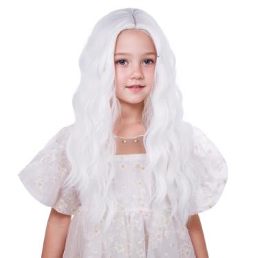 Imagem de Edivd Peruca branca para meninas, crianças, longa, ondulada, encaracolada, branca, parte média, peruca para crianças, peruca sintética resistente ao calor com touca de peruca