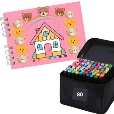 Imagem de Livro de Colorir URSO BOB Rosa Capa dura + 80 Canetinhas coloridas touch - Marcador At�xico - Alta gramatura- Terap�utico, Antiestresse e Criativo (Imagens Ilustrativas)