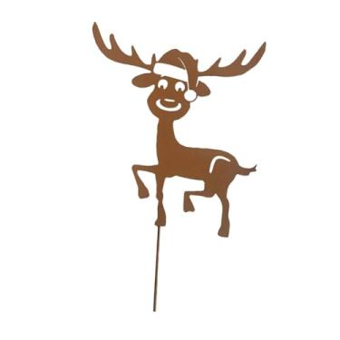 Imagem de IEUDNS Estaca de jardim, silhueta de rena de metal, ornamento, em pé, placa de quintal, decoração de Natal para caminho externo, gramado, decoração de casa, Chapéu de Papai Noel